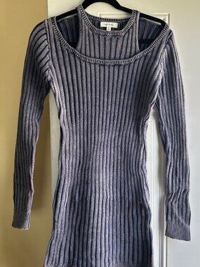CHERRY MELLOW Layered-Look Ribbed Mini Dress - Cold Shoulder - Denim Blue